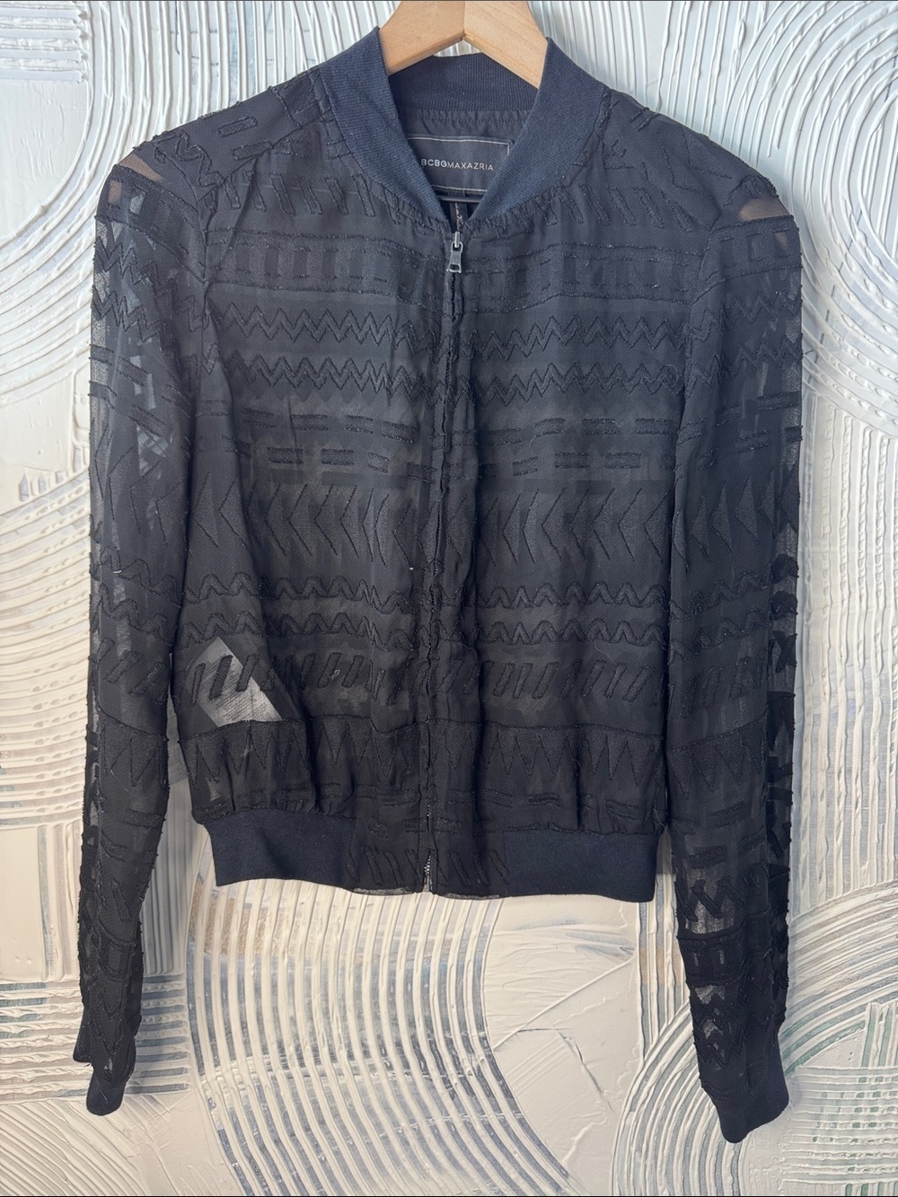 BCBGMaxAzria Black Sheer Geometric Bomber Jacket N0361